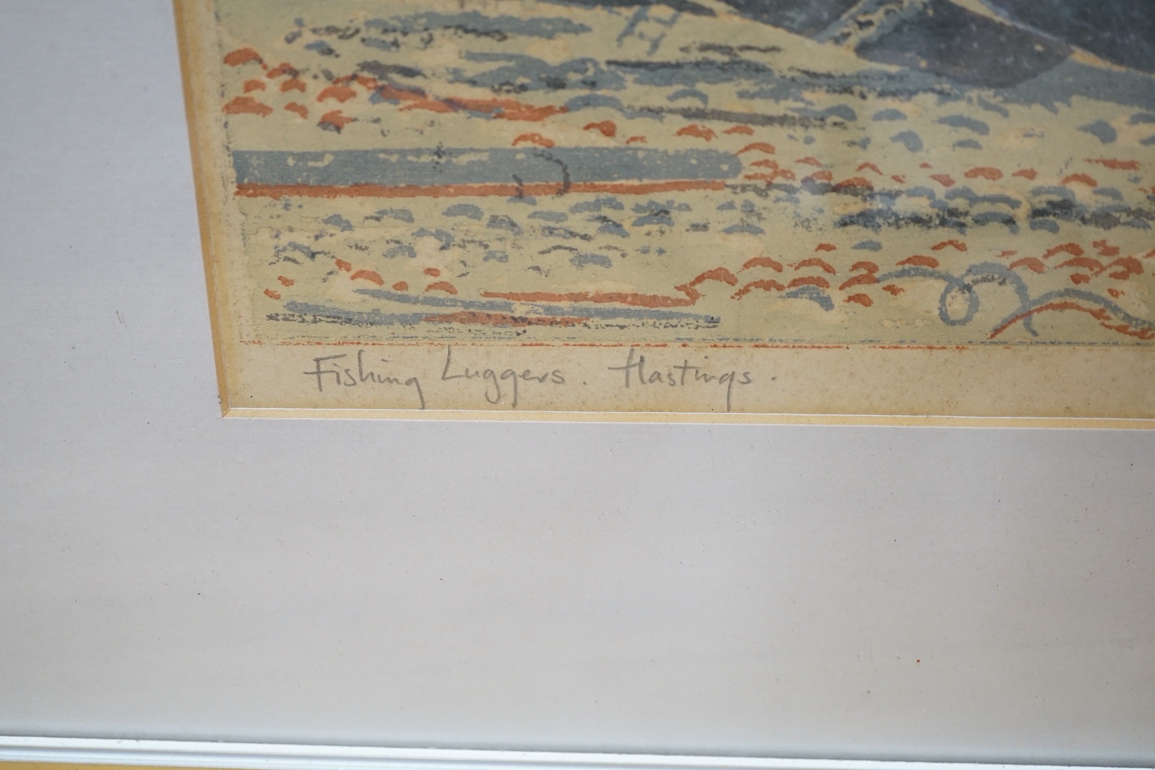 Barbara Hill, limited edition print, 'Fishing Luggers, Hastings, signed and dated 1958, 8/12, 31 x 49cm